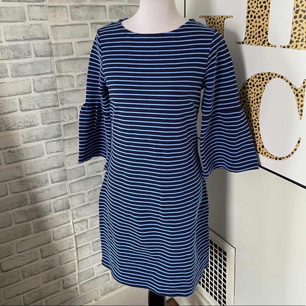 Sail to Sable Like New blue striped long sleeve bell sleeve dress